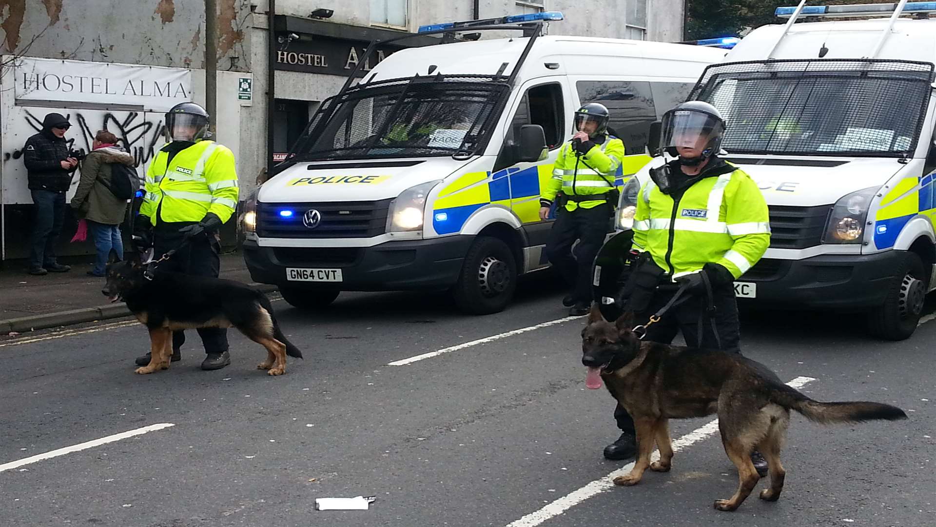 Dover riot scene, Folkestone Road. Police brought in dogs when trouble escalated.