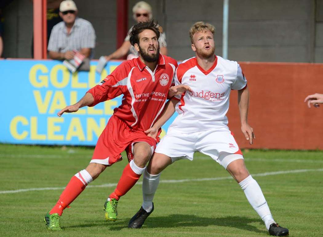 Hythe and Whitstable do battle in the FA Cup clash at Reachfields Picture: Gary Browne