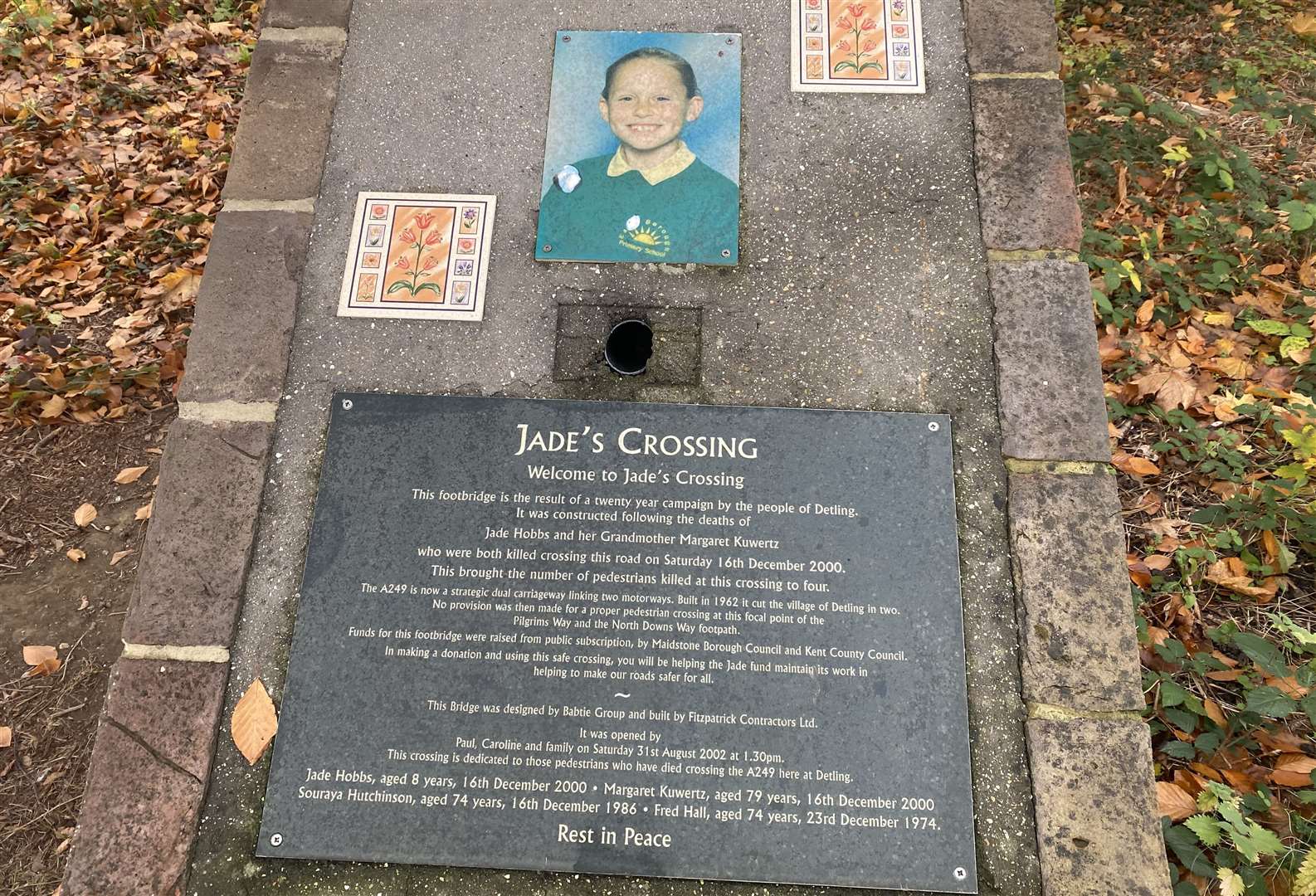 Plaque at the foot of the Jade's Crossing bridge over the A249 Detling Hill
