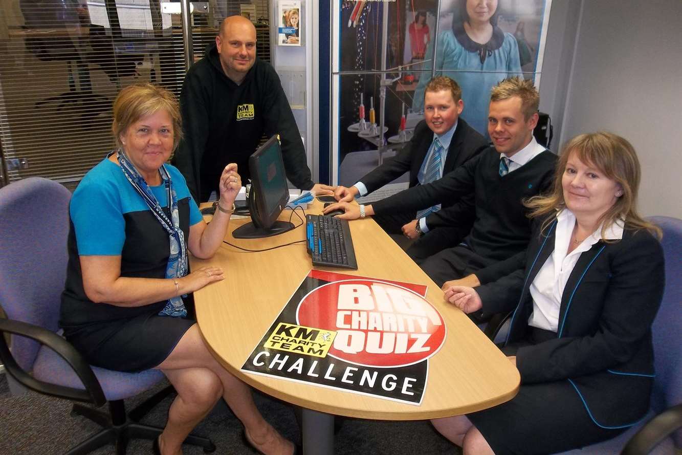 Ashford Barclays manager Beverley Walsh, left, joins Dominic Comins from the KM Charity Team and Barclays staff Neil Prior, Marc Gore and Teresa Jepson to plan this year's KM Big Charity Quiz
