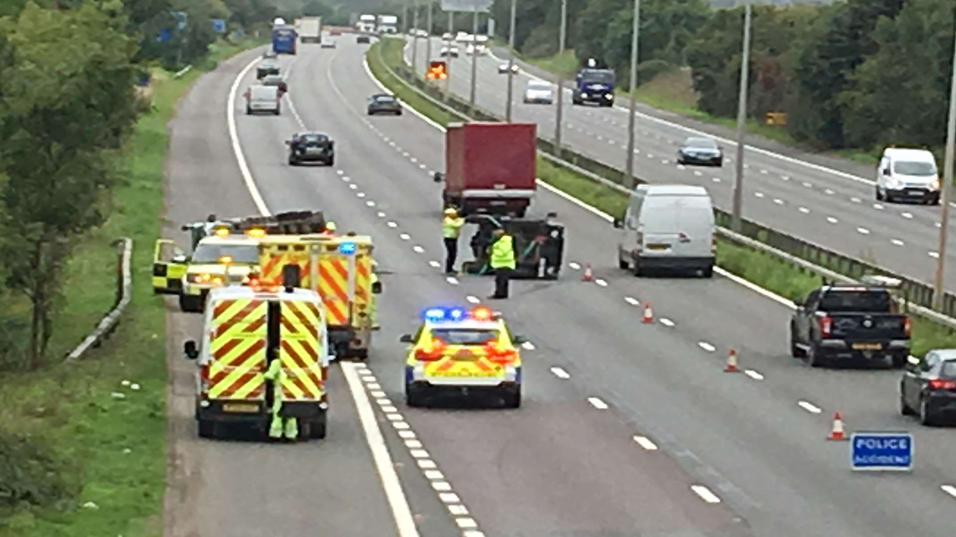 A vehicle overturned on the Londonbound M20 carriageway at Hythe