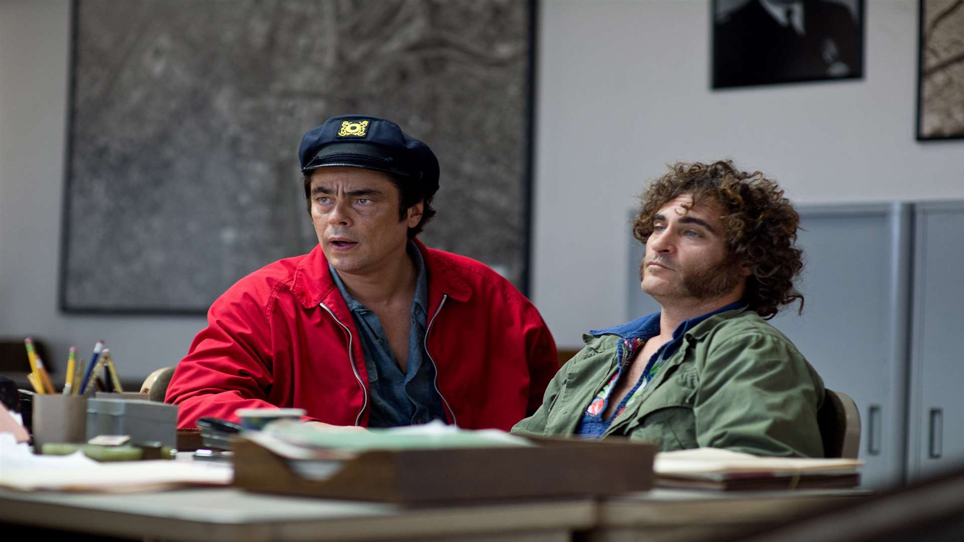 Benicio del Toro as Sauncho Smilax and Joaquin Phoenix as Doc Sportello, in Inherent Vice. Picture: PA Photo/Wilson Webb/Warner Bros