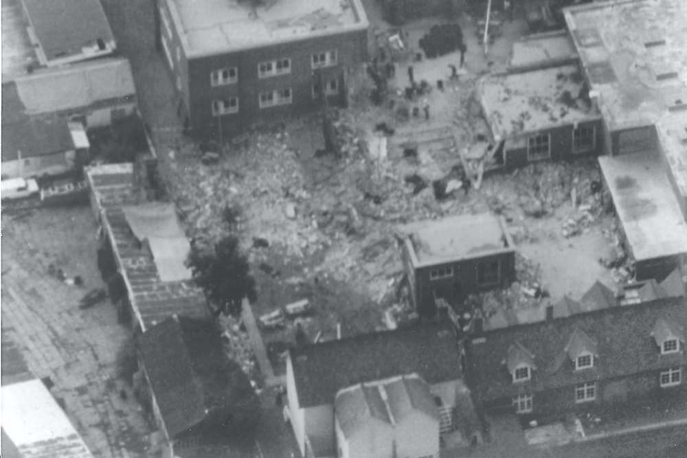 An aerial view shows the extent of the devastation after the Deal barracks bombing