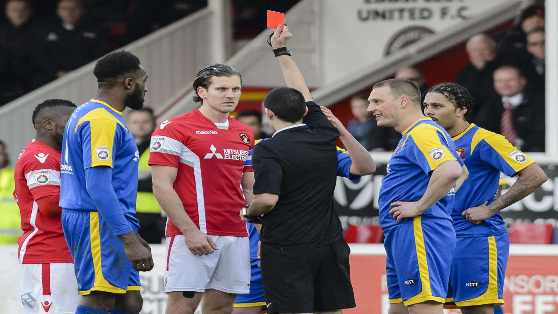 Ebbsfleet captain Tom Bonner is sent off by referee Anthony Da Costa Picture: Andy Payton