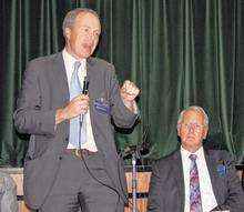 Grain LNG terminal manager Simon Fairman (left) and Cllr Mike O'Brien (Con) at meeting in Grain Village Hall