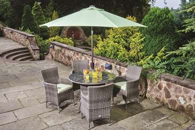 Bari Dining table, four chairs and 2.5 mtr parasol and base from Lenleys just £699. Choose from pistachio or beige colour