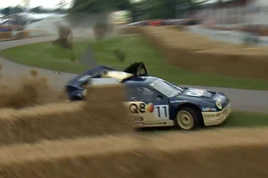 Pat Doran crashed his Ford RS200. Picture: @GoodwoodRRC