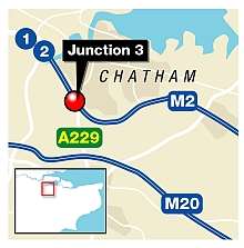 Hundreds of litres of diesel spilled onto the road near junction three of the M2 at Chatham. Graphic: Ashley Austen