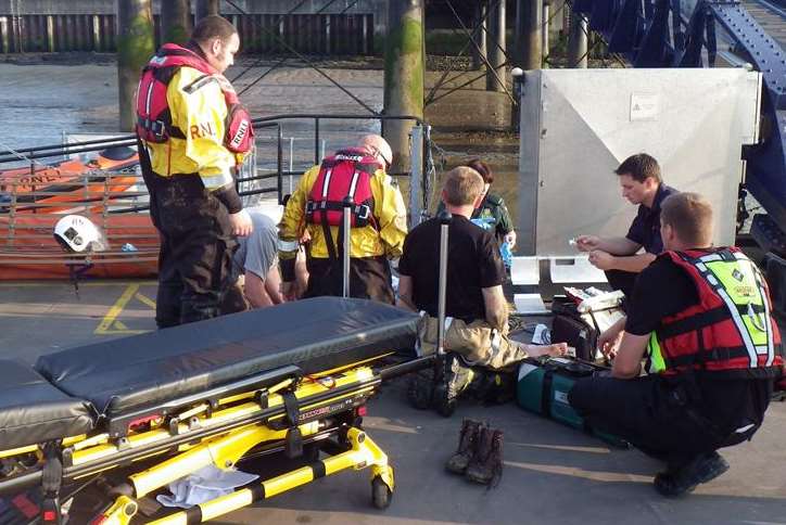 RNLI rescue of woman who fell off a wall into mud off a wall near Baltic Wharf in Gravesend. Picture: RNLI