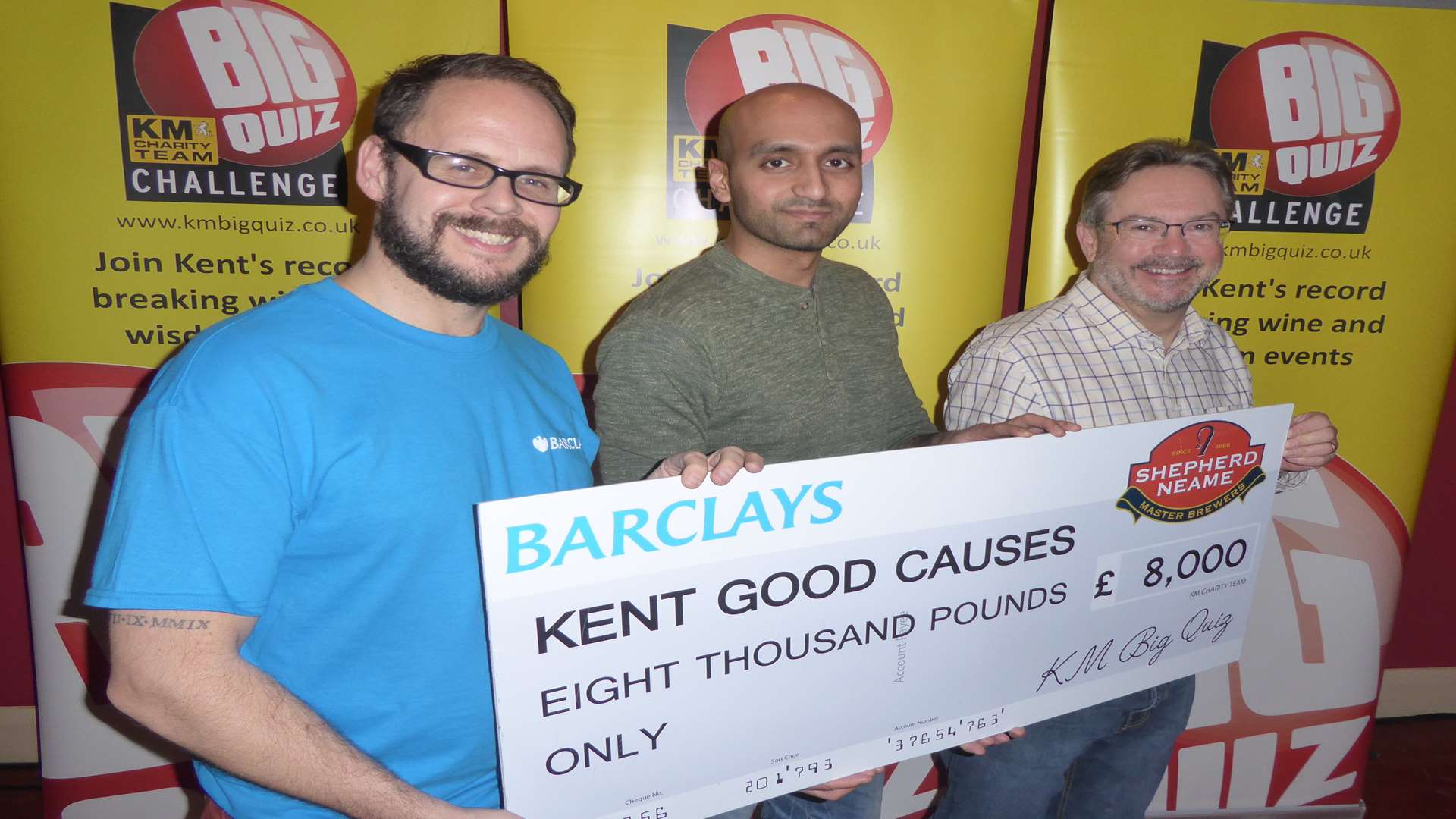 Andy Hunt of Barclays with Punit Patel and David Moorman of Specsavers at last year's Medway heat of the KM Big Charity Quiz which raised £8,000.