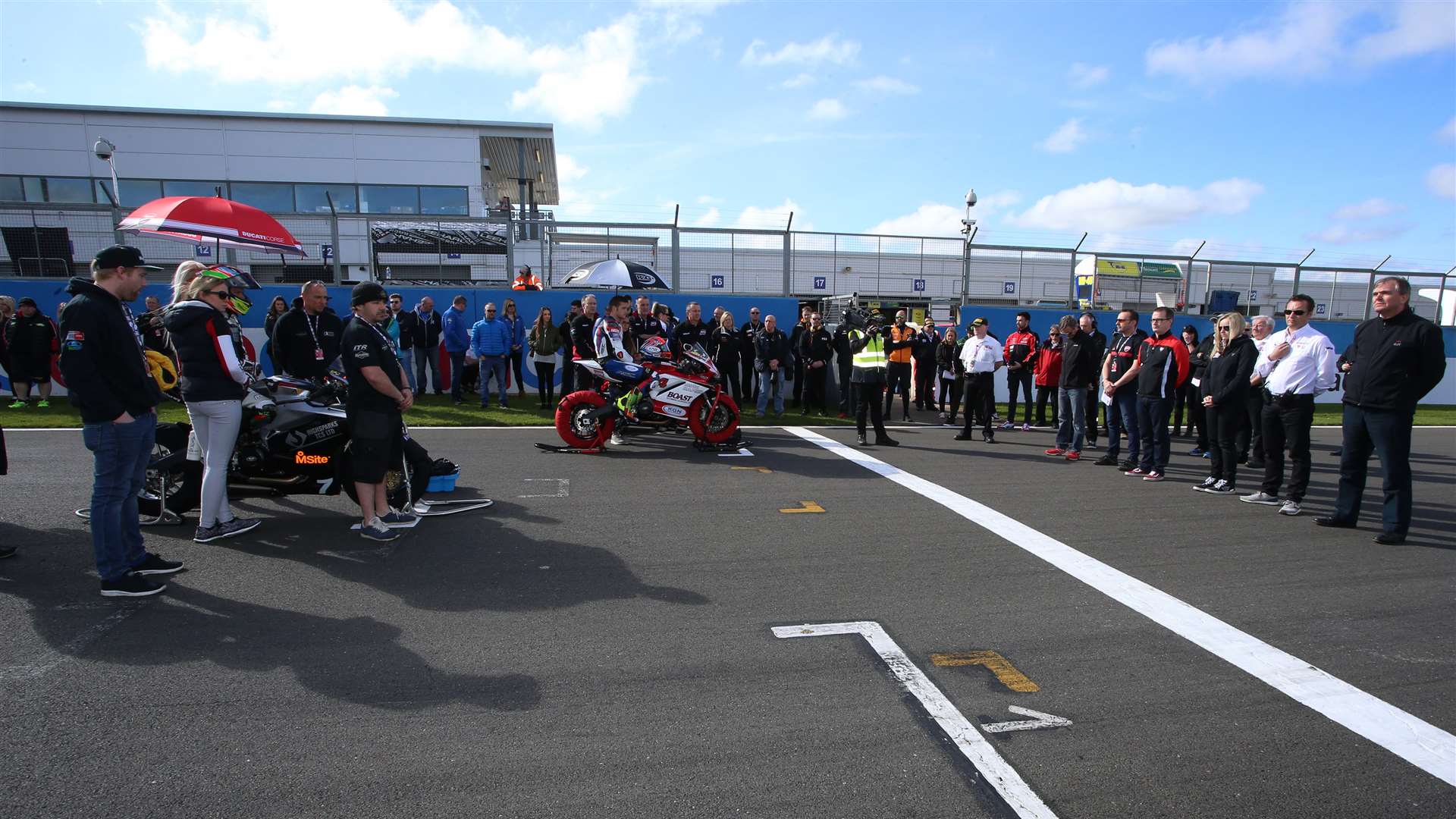 British Superbike riders hold a minute's silence for Mick Whalley on Sunday Picture: Bonnie Lane