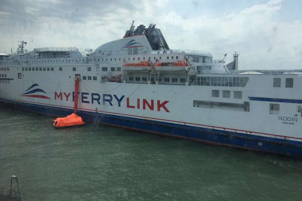 A picture taken by BritishScandinavian chief executive Paul Woodbury shows French ferry workers have deployed the evacuation slides on MS Rodin