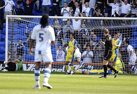 Home skipper Ian Thomas-More heads beyond keeper Alan Julian to give Tranmere a 1-0 lead. Picture: Matthew Reading