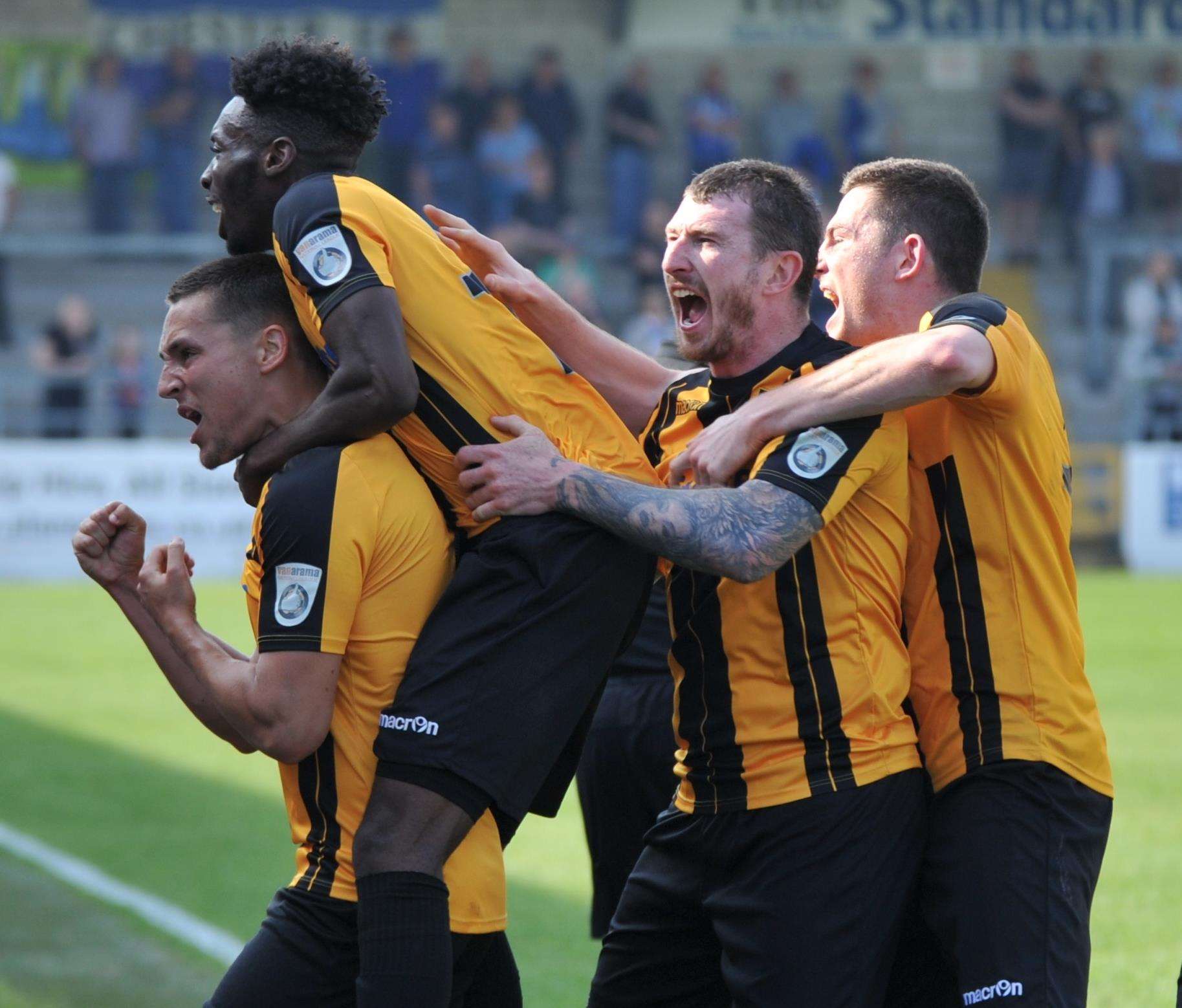 Josh Hare celebrates the goal that clinched Maidstone's survival at Chester Picture: Steve Terrell