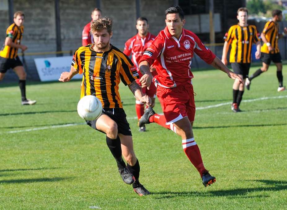 Action from last season's game between Folkestone and Hythe at the Fullicks Stadium Picture: Fiona Stapley-Harding