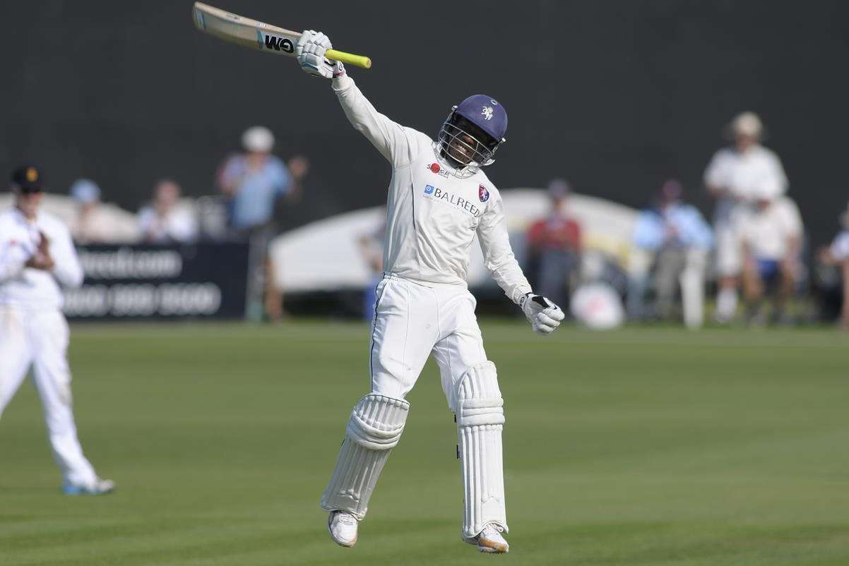 Daniel Bell-Drummond celebrates reaching his maiden county championship century. Picture: Barry Goodwin