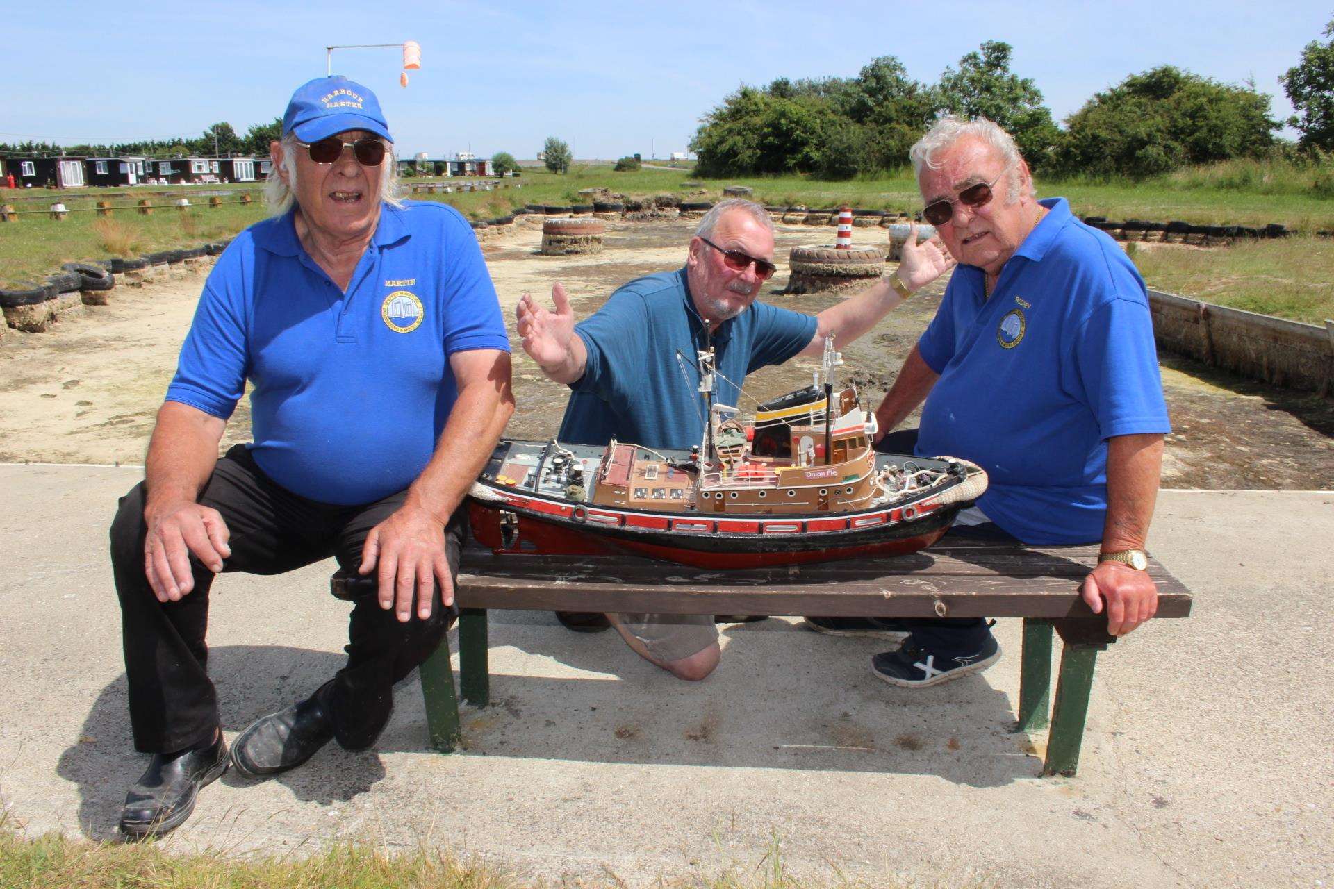 Boat fans Martin Nealey, left, Mick Culverwell, centre, and Rodney Atkins at the empty pond of the Sheppey Miniature Model Engineering Society site at Barton's Point, Sheerness (2713877)