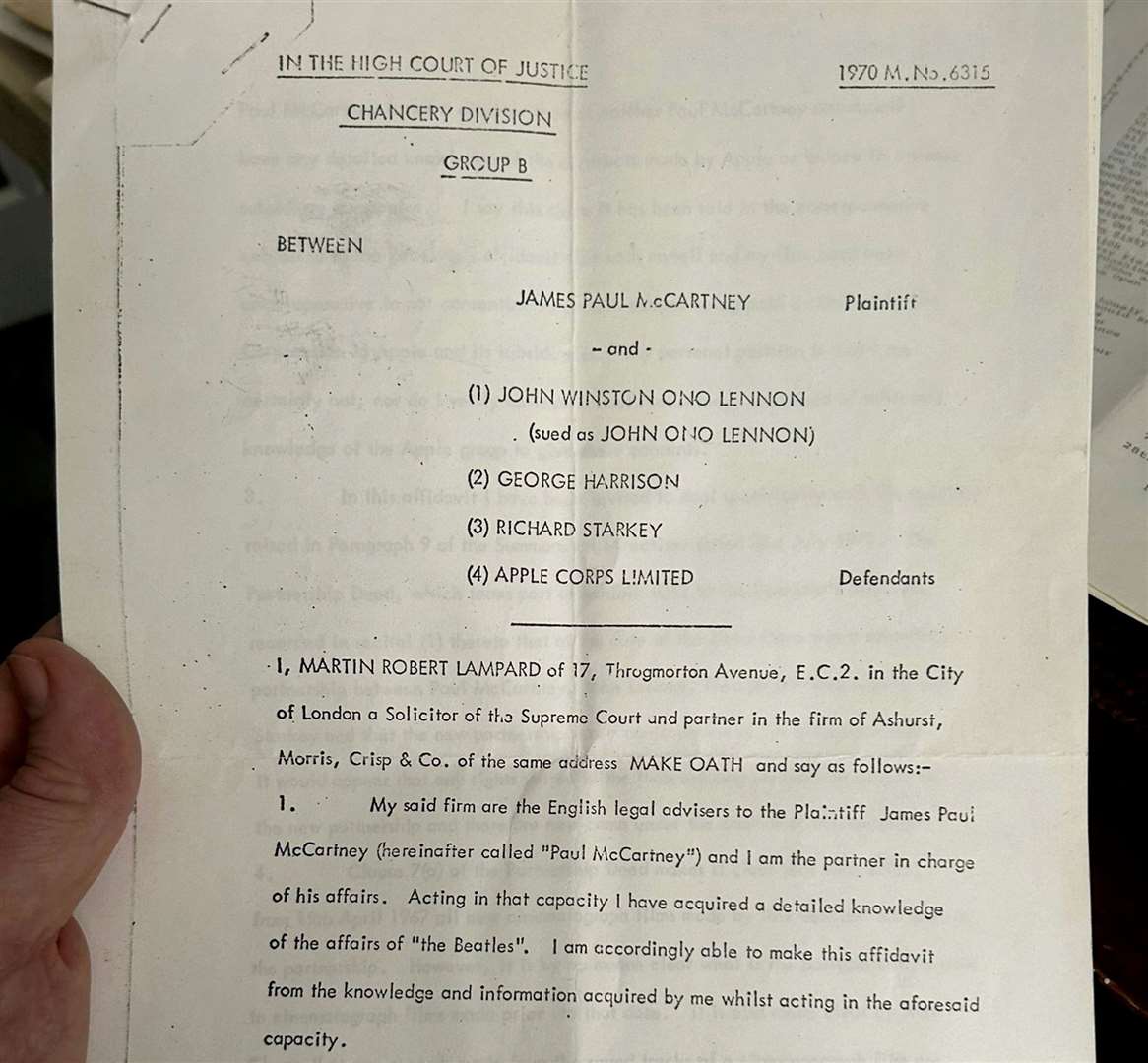 A legal document that was found in a bin relating to the Beatles split. Picture: SWNS
