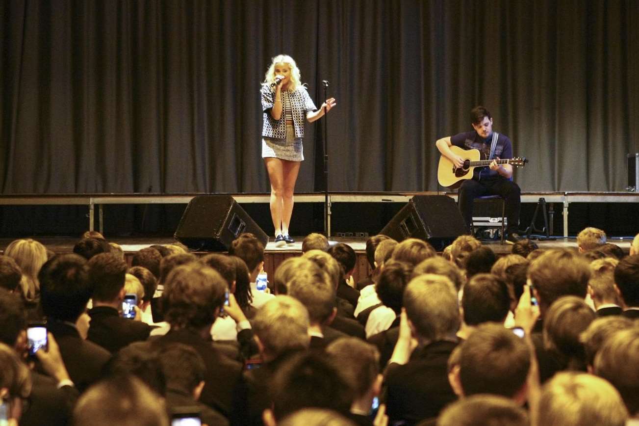Pop star Pixie Lott performs to the Harvey Grammar School in Folkestone in aid of cardiac support charity, CRY.