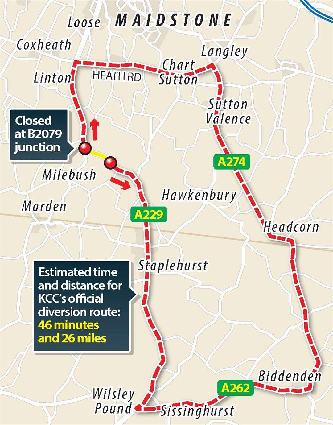 KCC Highwayws' recommended diversion route from the A229 Staplehurst Road closure (6580790)