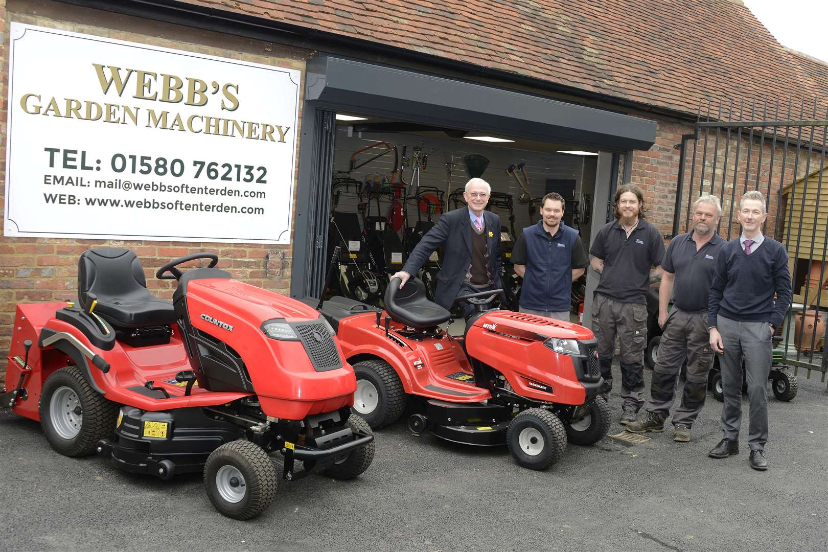 Graham and Nigel Webb at the new garden machinery showroom with Dick Lane, Mathew Jackman and Sam Mileham. Picture: Paul Amos