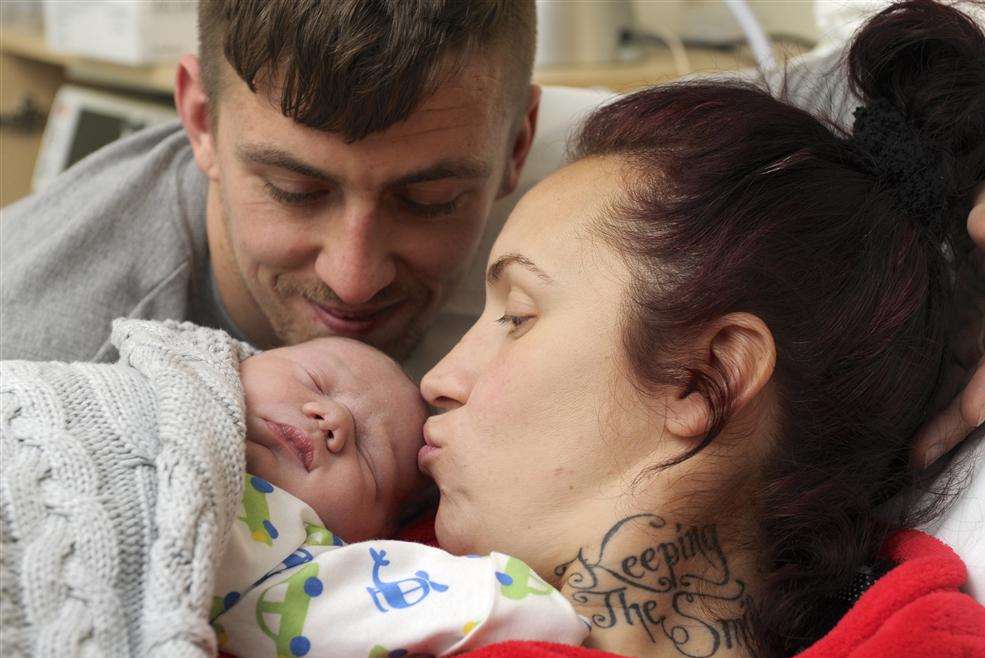 Daniel John Marriner and Simone Cook, from Sittingbourne, with baby boy Adonis Maverick Marriner, who was born in the ambulance!