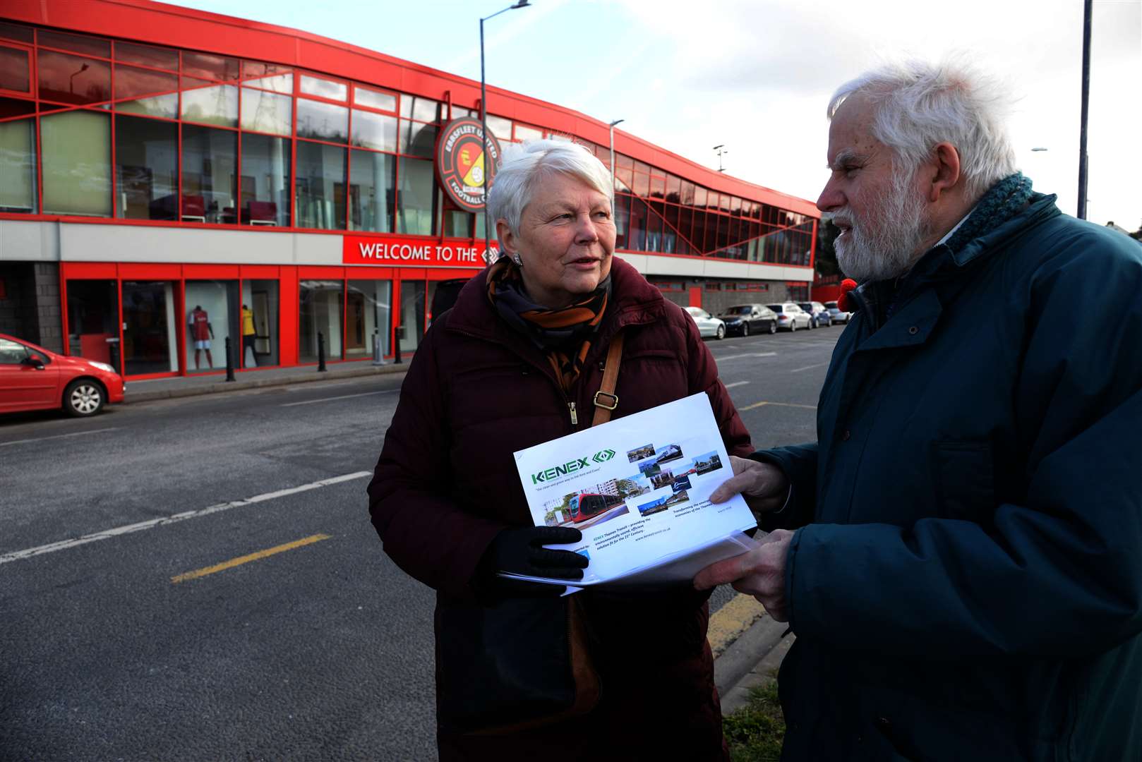 Baroness Randerson, discusses the plans for a new tram line with Prof Lewis Lesley at the proposed tram interchange in Stonebridge Road, Ebbsfleet