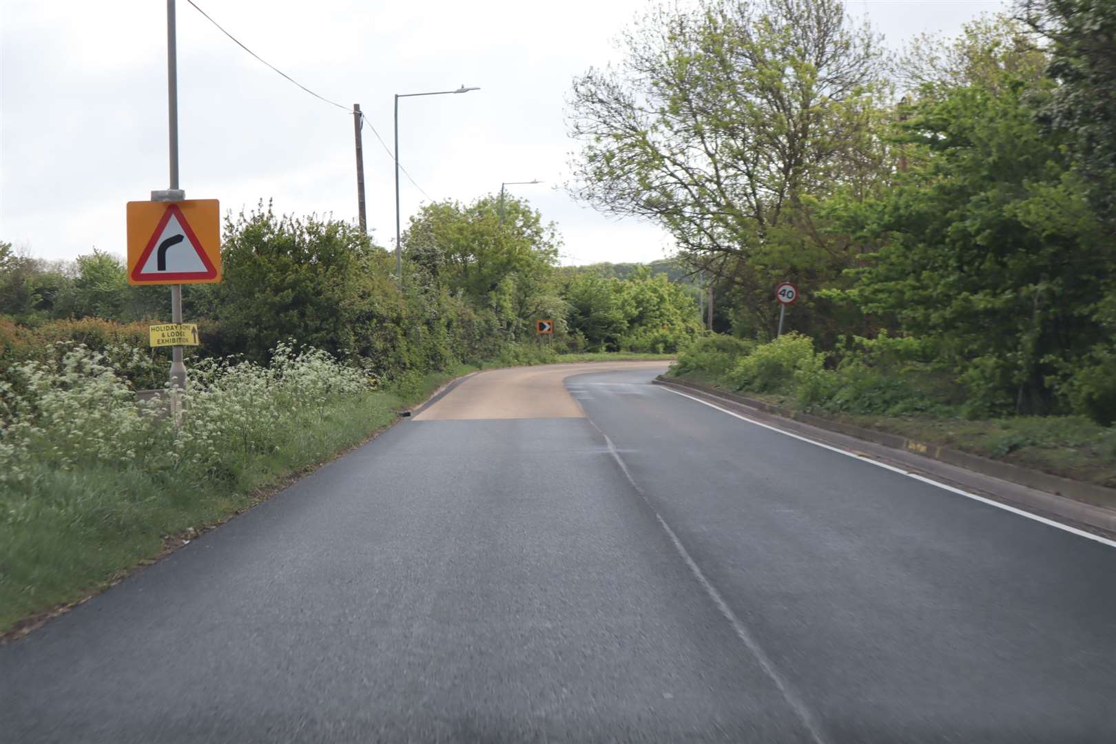 The resurfaced A2500 Lower Road at Brambledown on the Isle of Sheppey