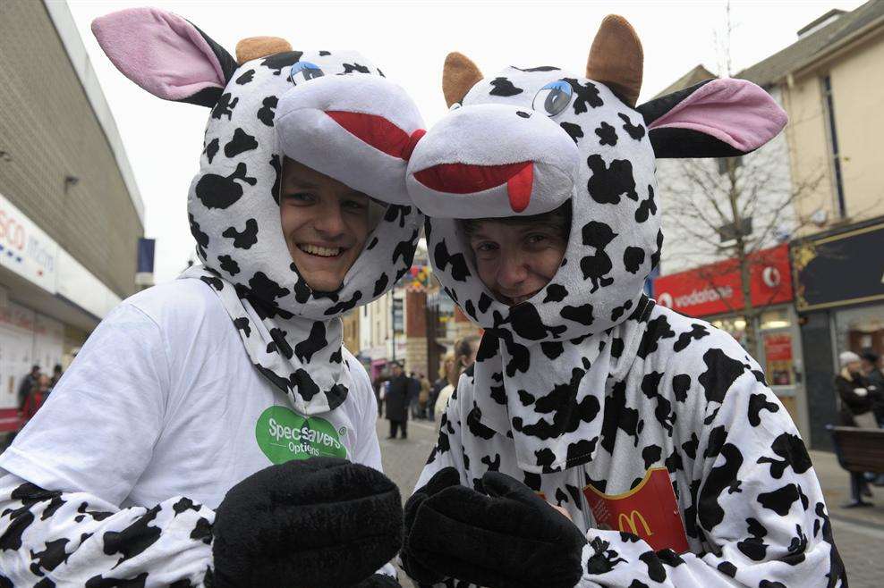 Artiom Prigozhiy from Specsavers and Joe Hall from McDonalds in the Pantomime Cow race