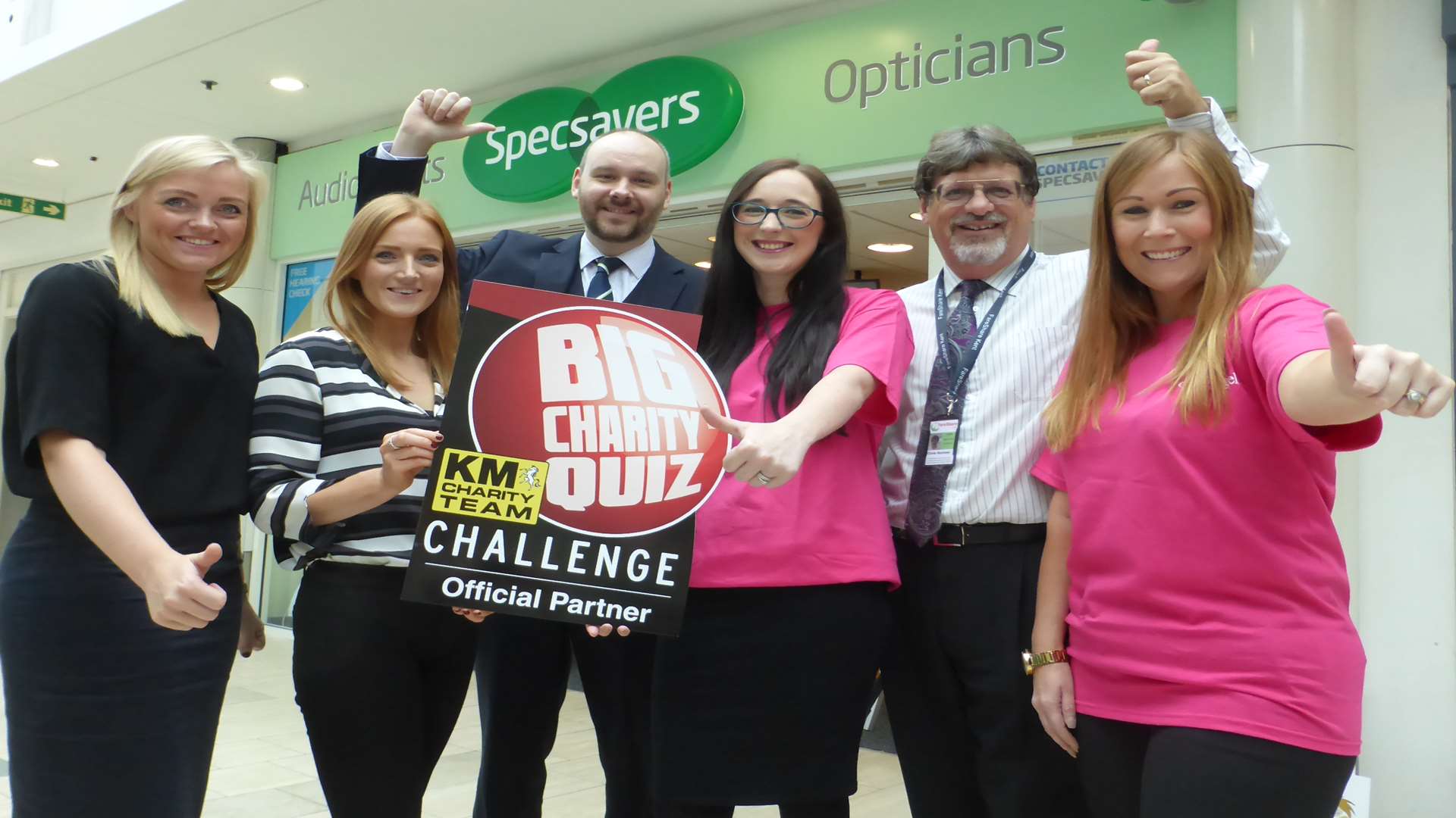 Key partners from Specsavers, Office Angels, Hallet and Co. and Kentish Express Charity of the Year FareShare Kent officially launch the Ashford heat of the KM Big Charity Quiz