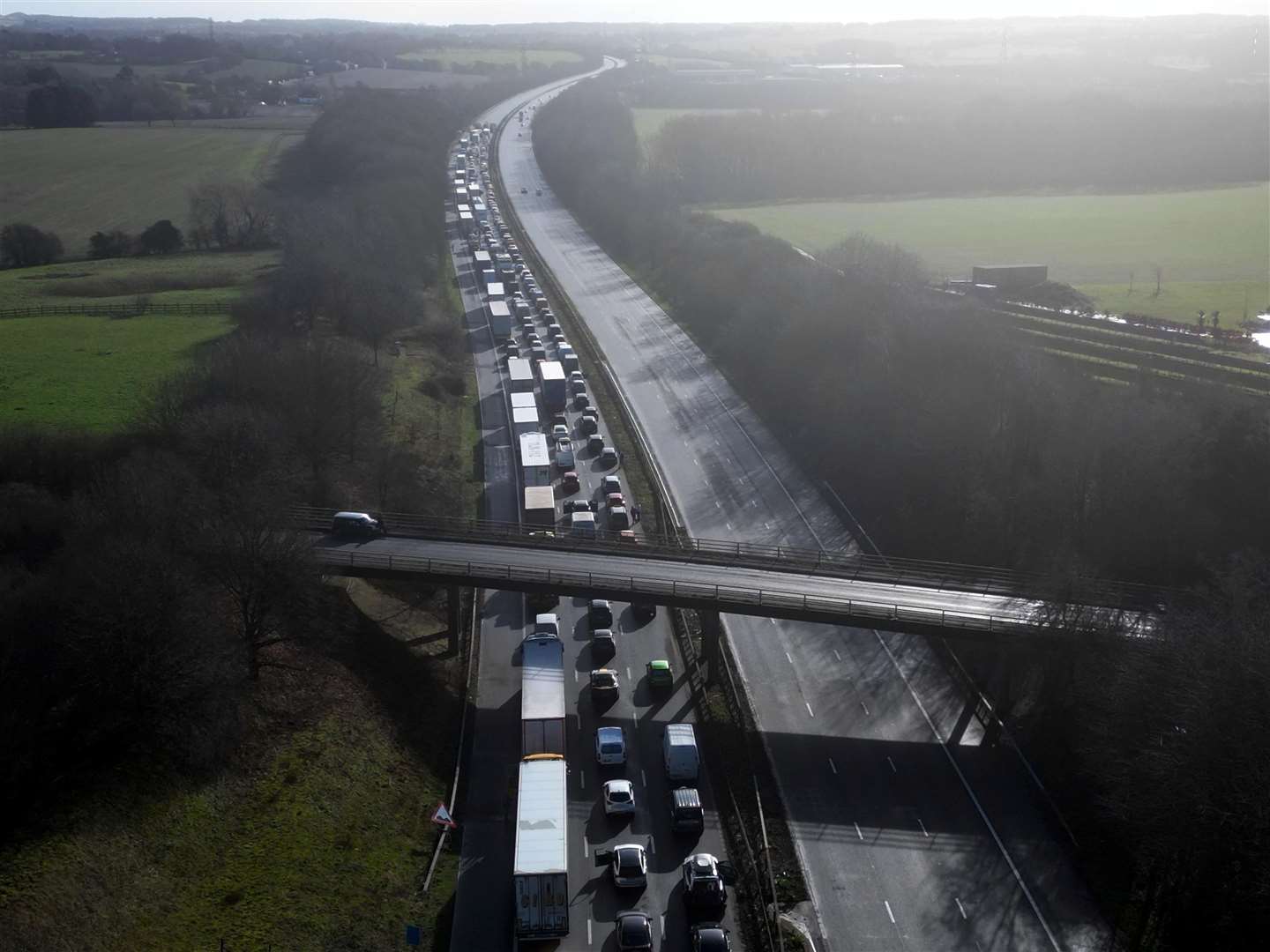 Long queues on the M20 near Ashford following the tragic incident. Picture: Barry Goodwin