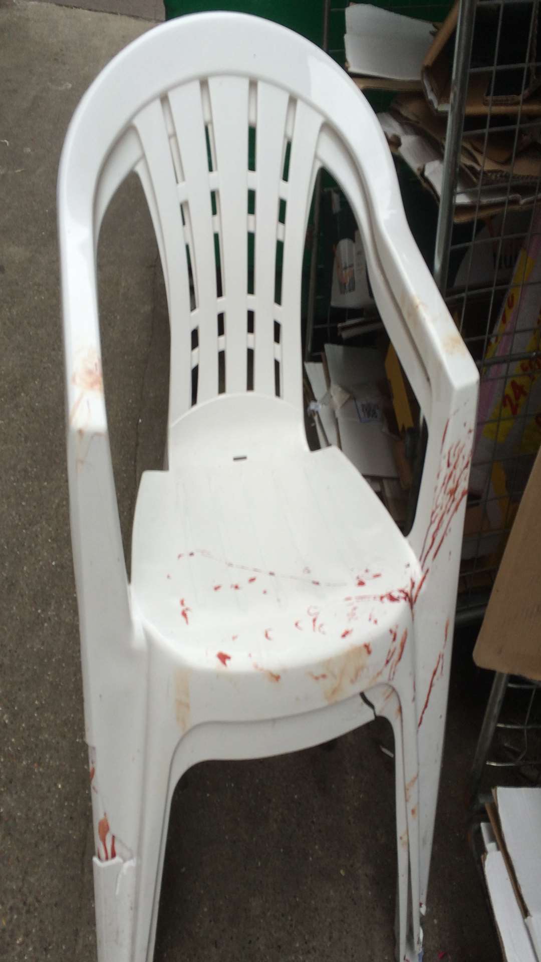A blood-stained chair where one of the victims of the stabbing sat after the incident
