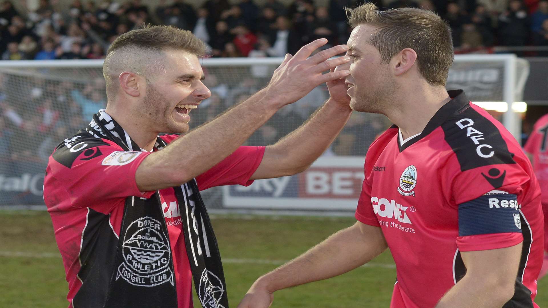 Nicky Deverdics,left, celebrates with his captain Connor Essam after the win at Cheltenham last Sunday. Picture: Ady Kerry