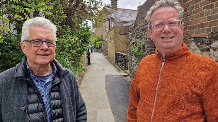Faversham town councillors Julian Saunders and Eddie Thomas at Gatefield Lane, Faversham, part of the proposed Cross Town Path