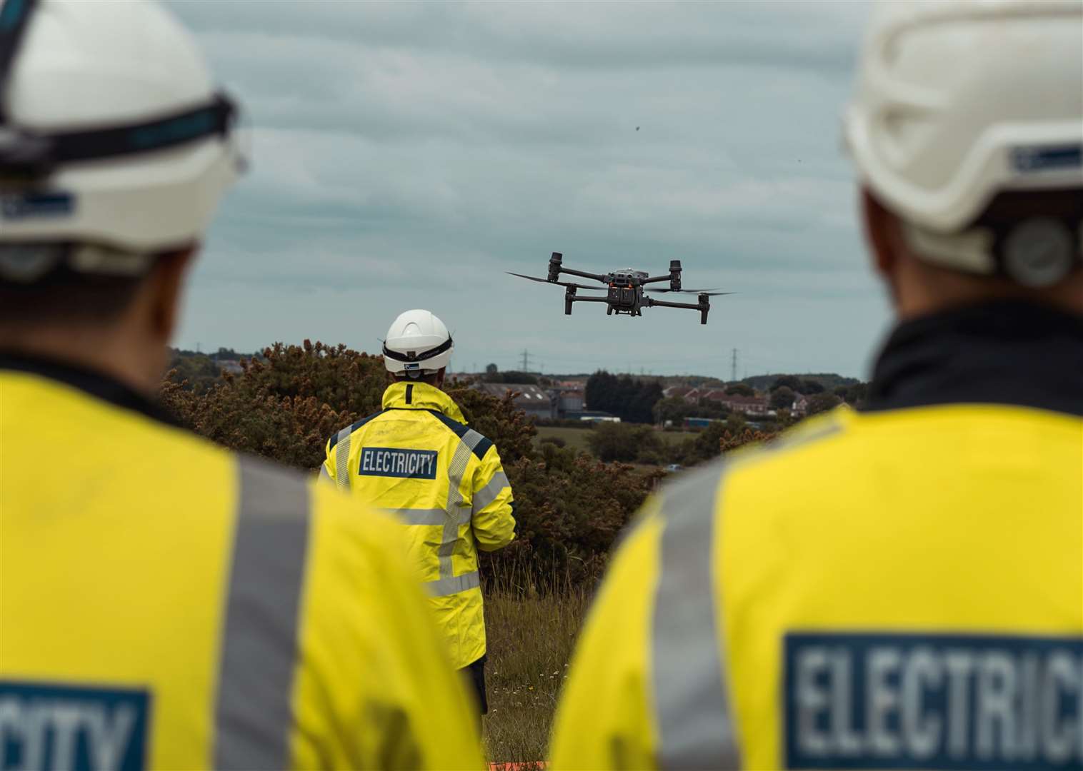 UKPN Engineers flying a drone. Picture: Heliguy Jack Sharpe