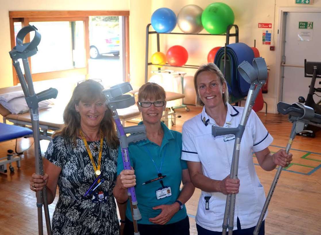 Louise Coleman, Sarah Parker and Sarah Gotke from the Kent & Canterbury physiotherapy department with the type of equipment that has gone missing