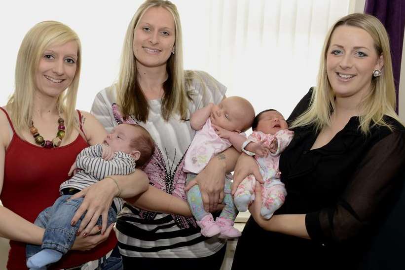 Ashford Sisters and babies born within weeks of each other,from left Carla and Laelan, Jodie and Laici and Kerry with Evarna