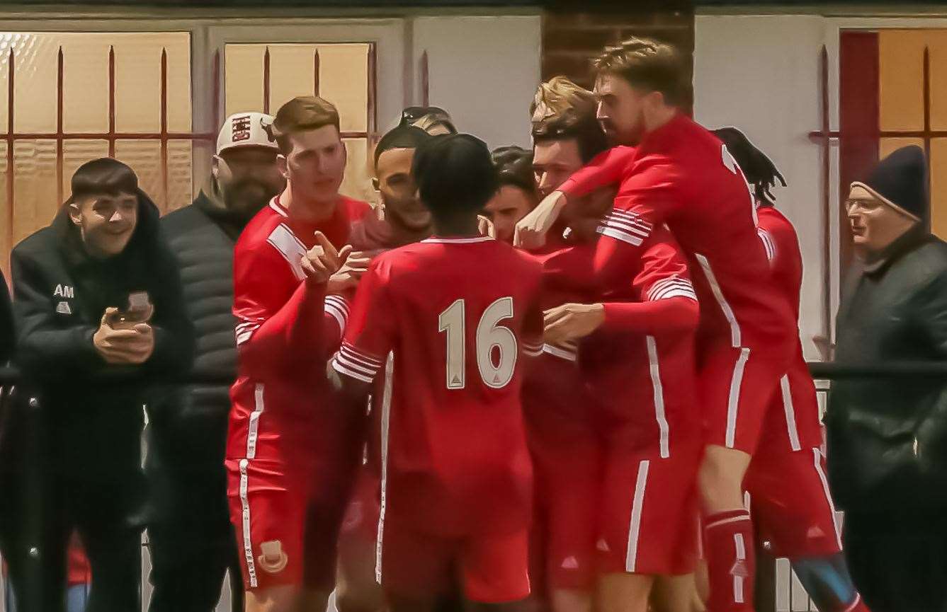 Whitstable celebrate Dean Grant's goal. Picture: Les Biggs