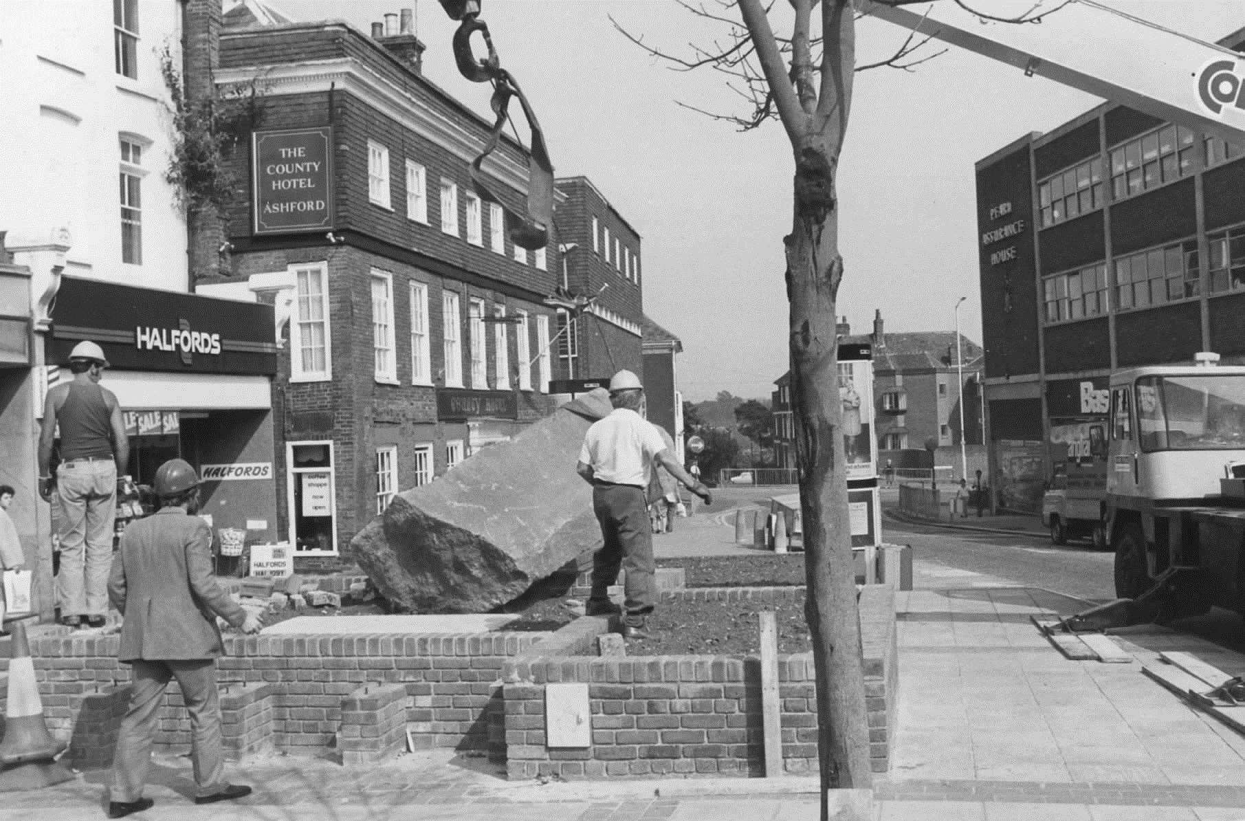 The Friendship Rock is placed in Ashford's Lower High Street in 1983; the rock commemorates the twin links between Ashford and Bad Münstereifel