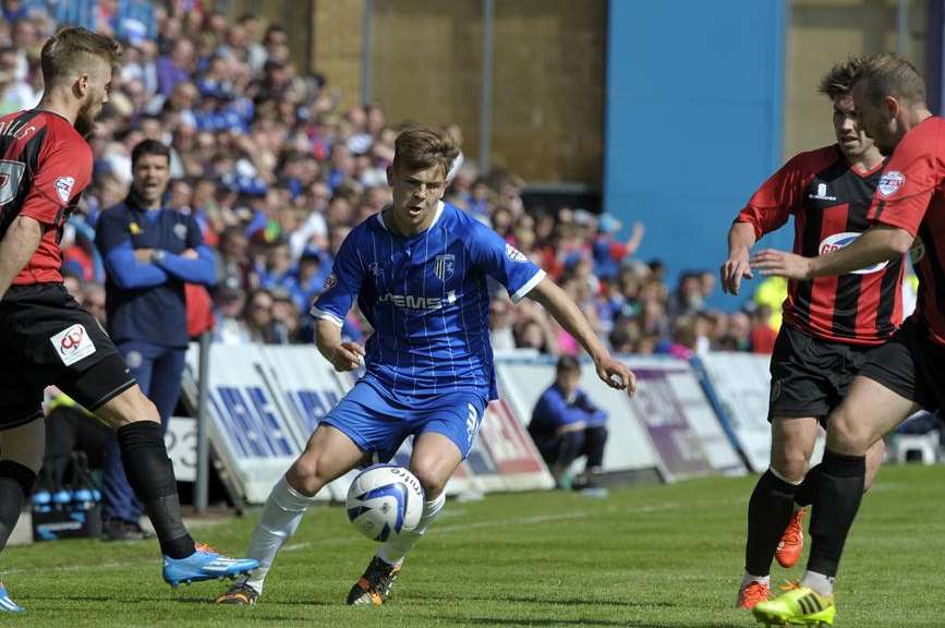 Jake Hessenthaler in midfield action for Gills against Shrewsbury last season Picture: Barry Goodwin
