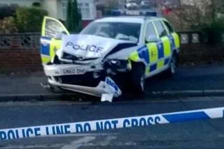 A police car was left crushed in Valley Drive, Gravesend. Picture: Kirsty Floyd