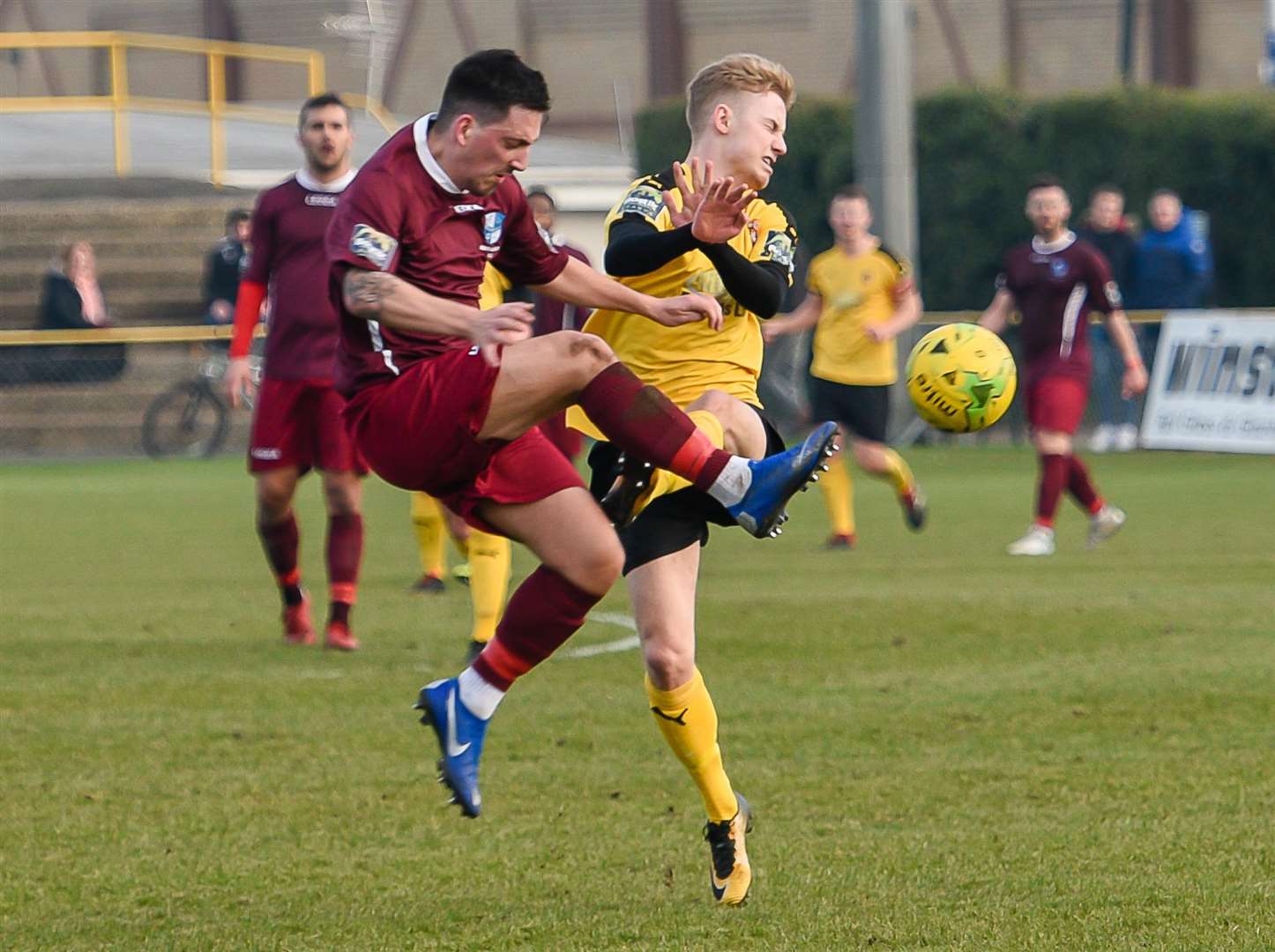 Folkestone's Alfie Paxman gets stuck in against Wingate & Finchley Picture: Alan Langley