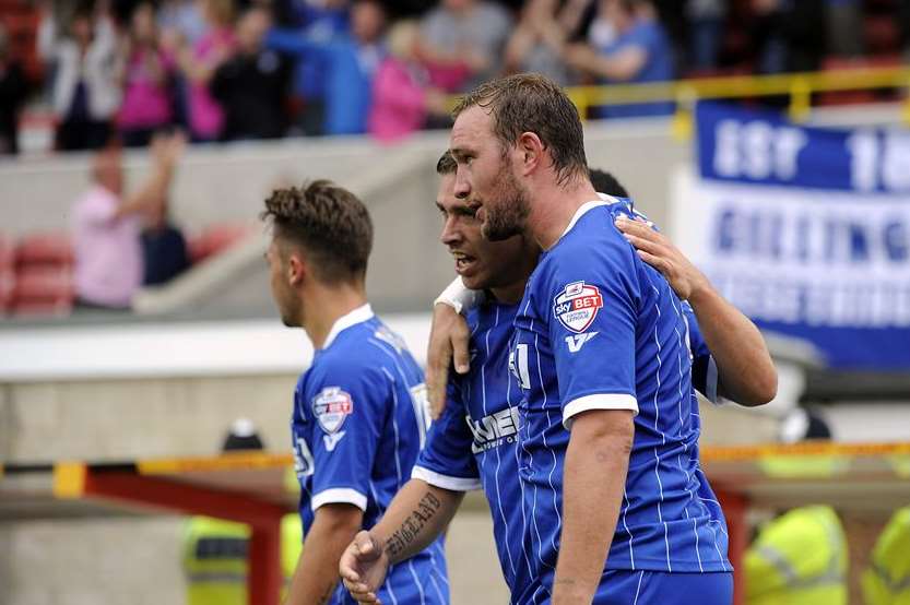 Danny Kedwell celebrates with Cody McDonald after Gills make it 2-2 Pic: Barry Goodwin