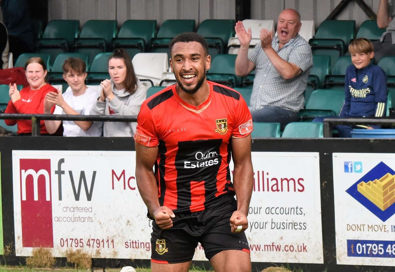 Johan Caney-Bryan celebrates scoring for Sittingbourne against Littlehampton Town in the FA Cup on Saturday. The teams meet again in a midweek replay. Picture: Ken Medwyn