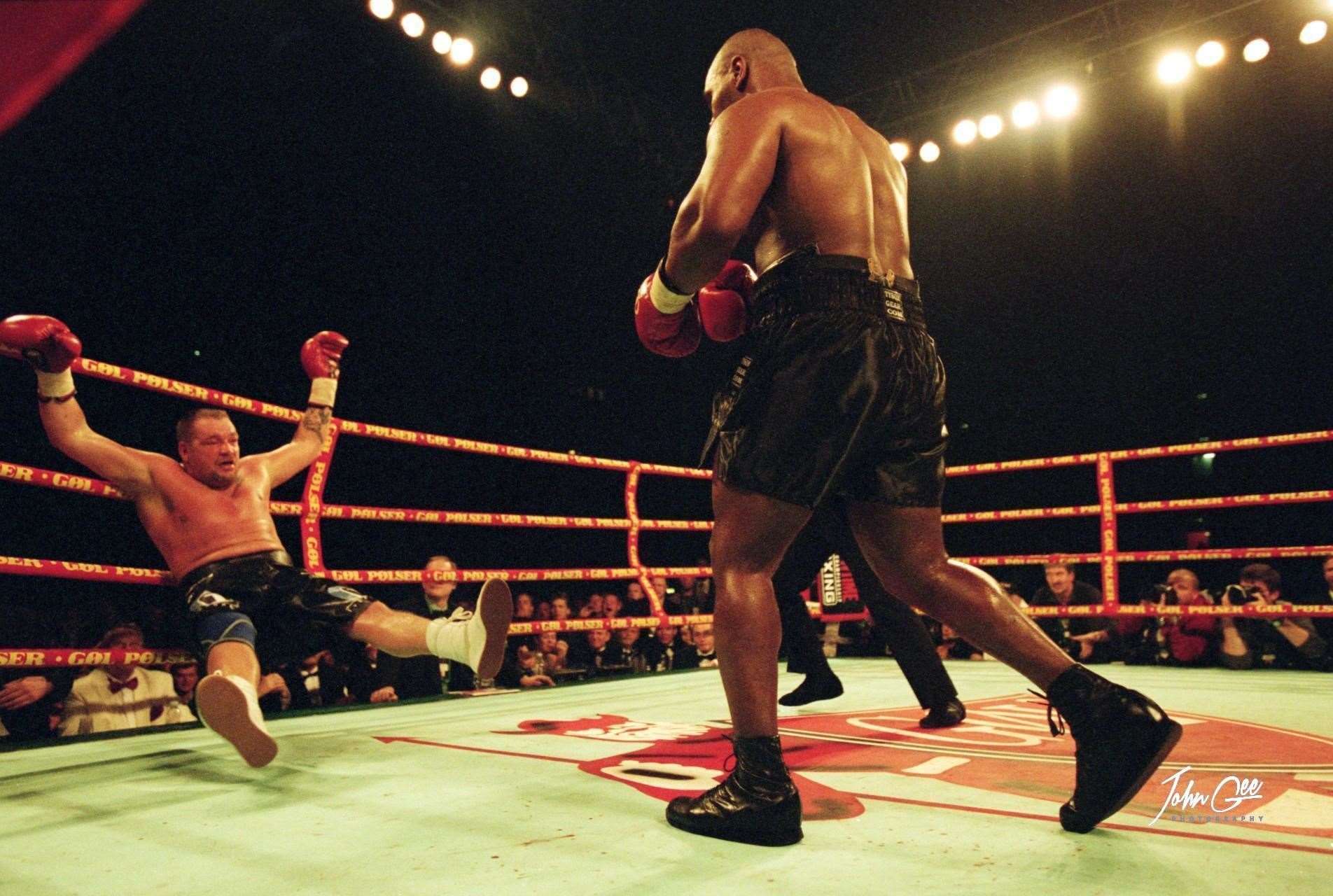 Mike Tyson flattens Brian Nielsen in their fight at the Parken Stadium in Copenhagen, Denmark, in 2001 Picture: John Gichigi/Getty Images