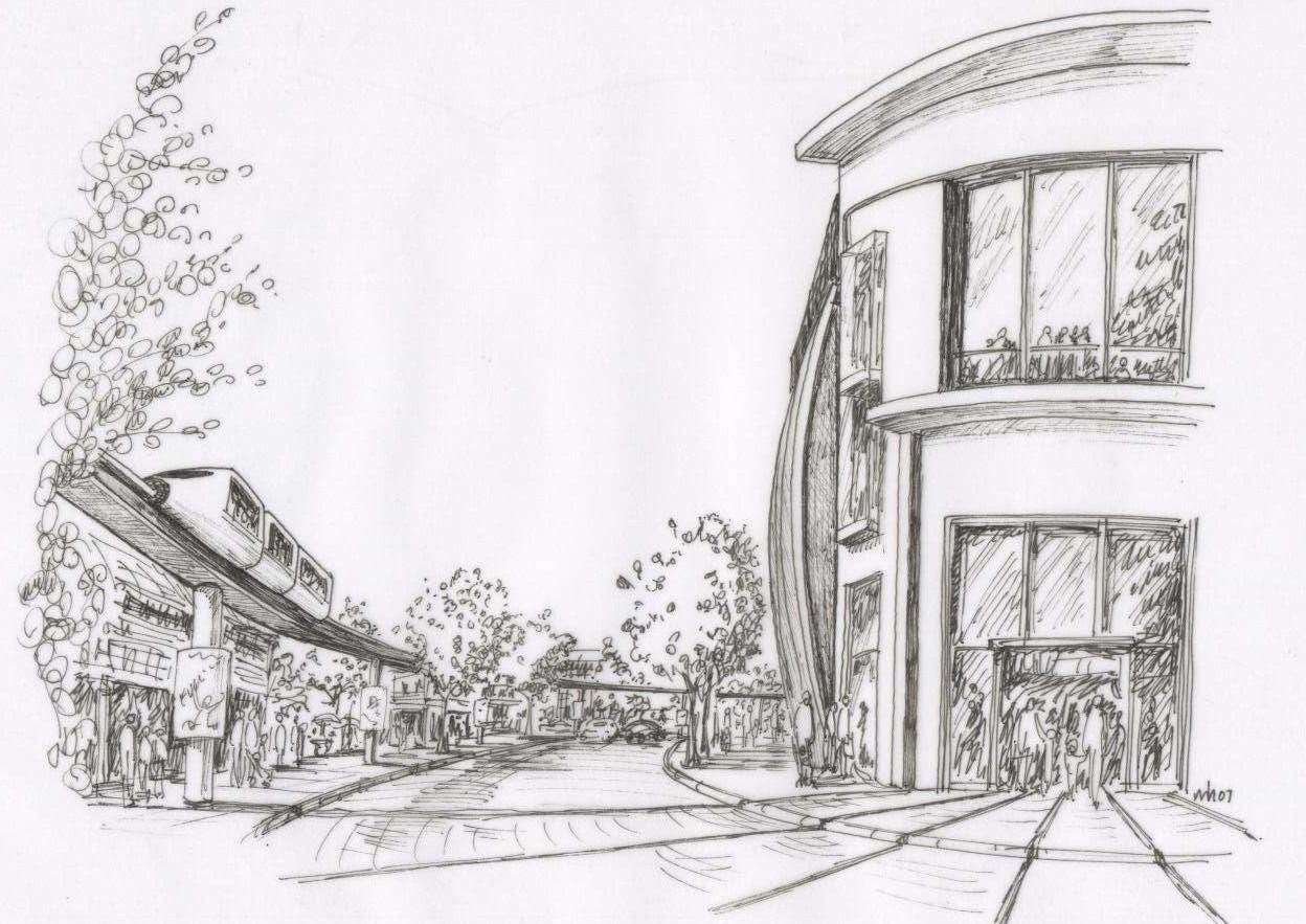 An artist's impression of the proposed monorail in Ashford, running past the County Square extension in Elwick Road on land where the Elwick Place leisure complex has now been built