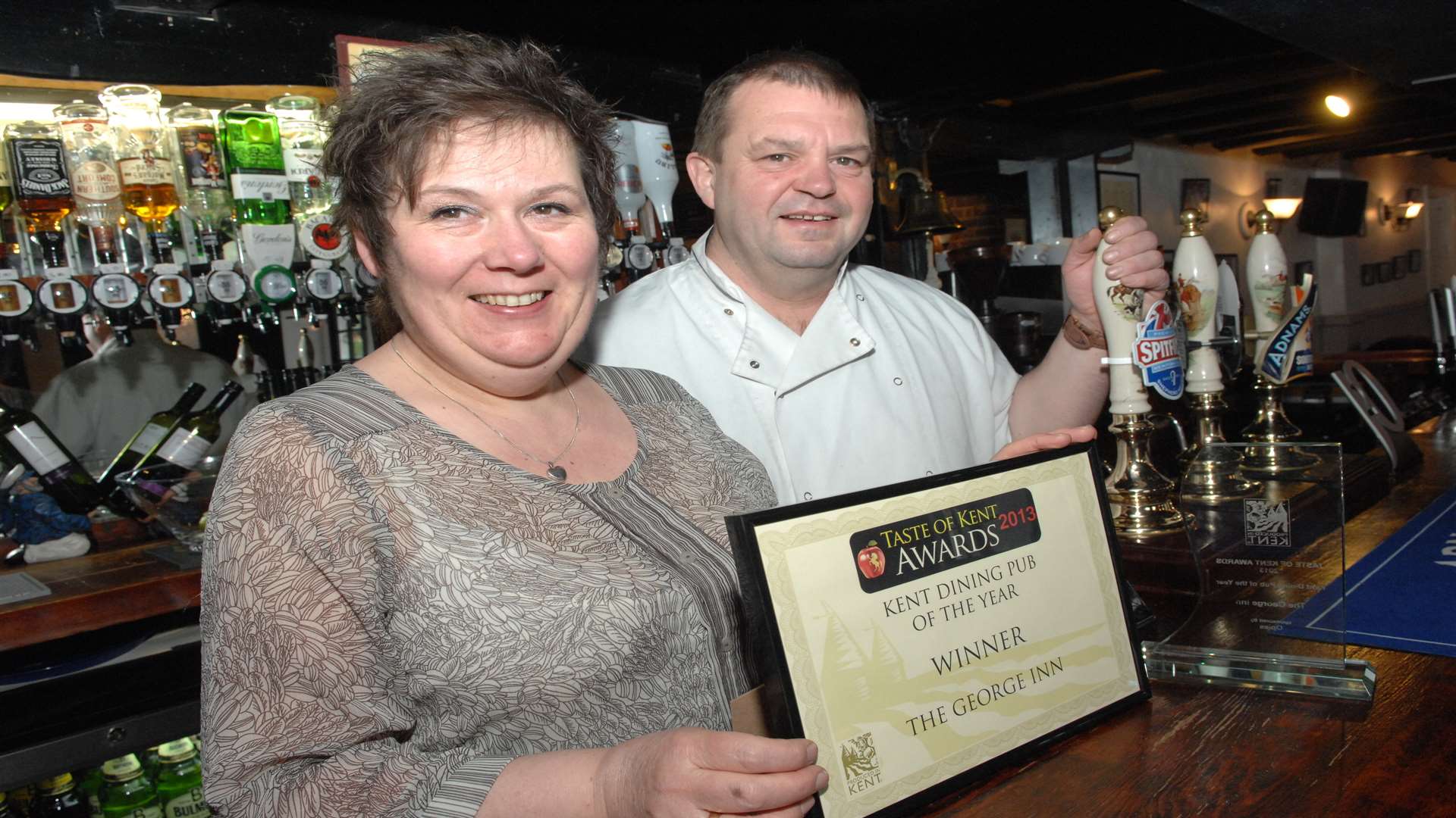 Karen and John Marshall at The George Inn, Molash, after winning Kent Dining Pub of the Year in 2013