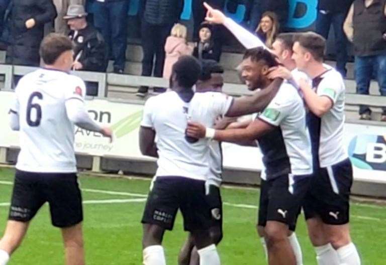 Dartford celebrate their first goal against Havant on Saturday. Picture: Mike Lance