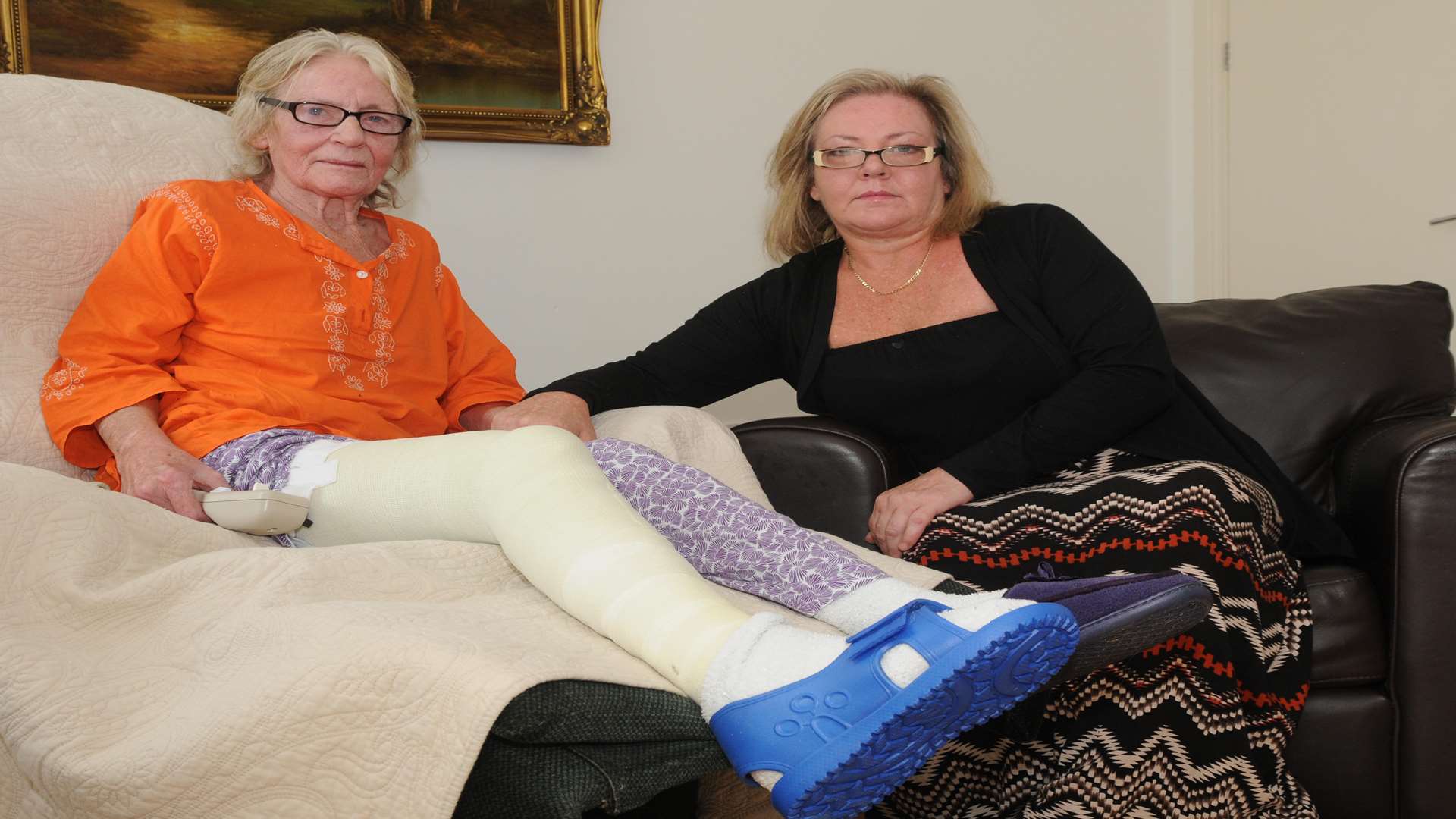 Margaret is frail and in a full leg cast yet waited hours on a hard chair to get home. Picture: Wayne McCabe