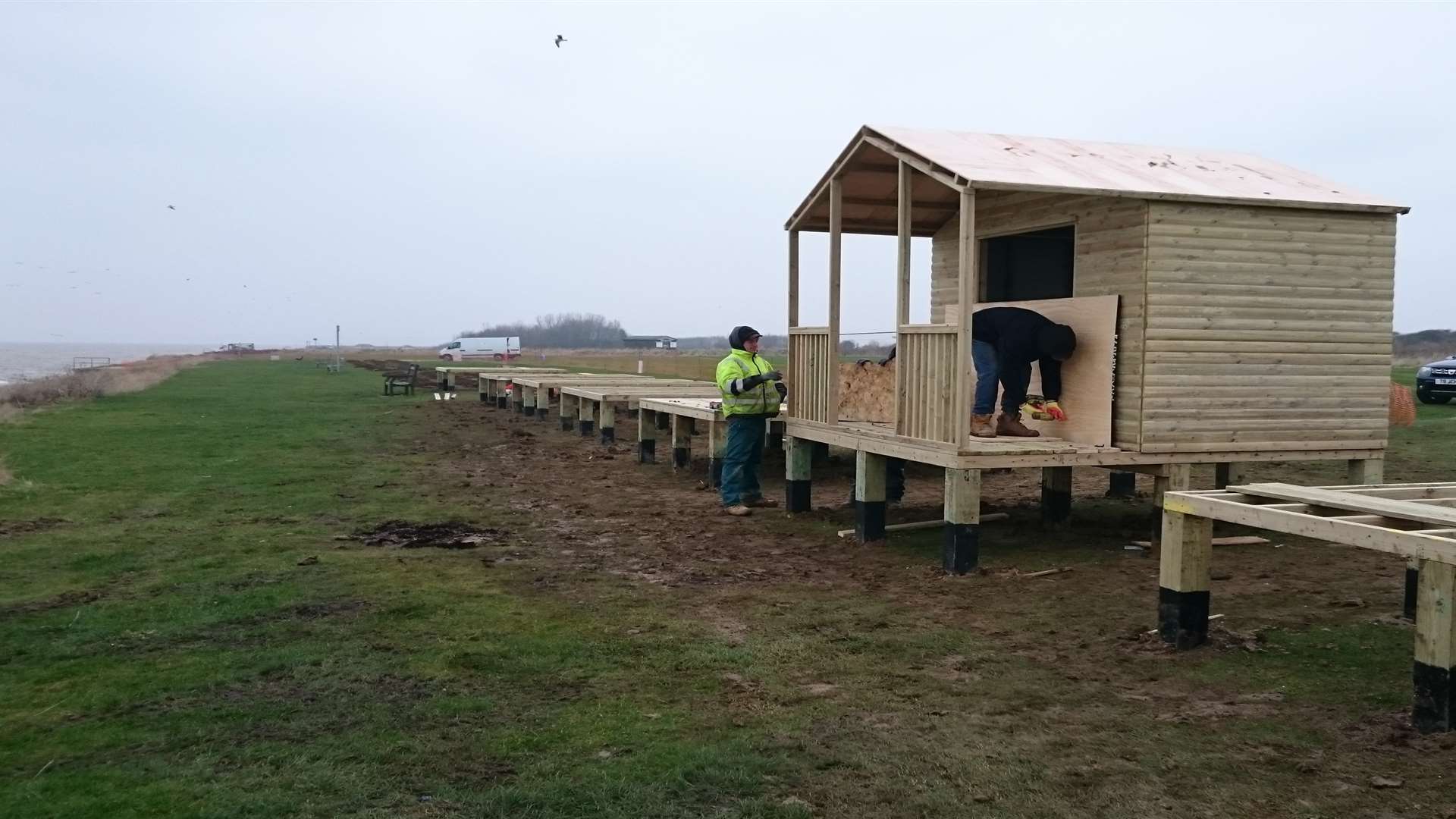 The first of 20 beach huts being built in Leysdown.